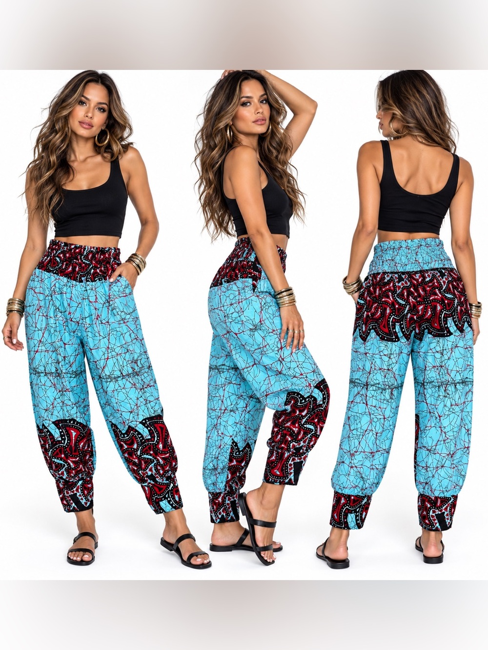 Abstract Art Smocked High Waist Harem Womens SZ OS Eclectic Festive Gypsy Boho
